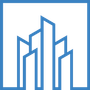 ein blaues Gebäudesymbol auf weißem Hintergrund .