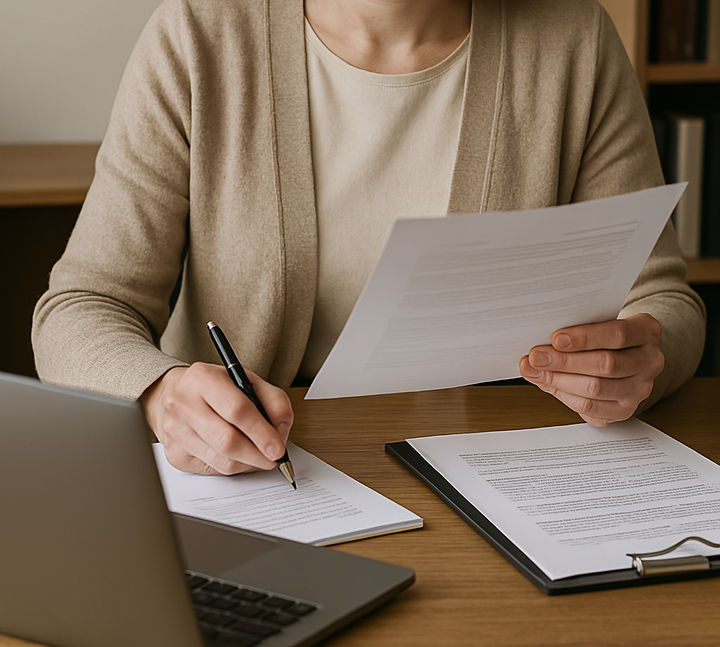 Kanzlei Claudia Koyka - Eine Frau unterschreibt ein Dokument, während sie mit einer Tasse Kaffee an einem Tisch sitzt.