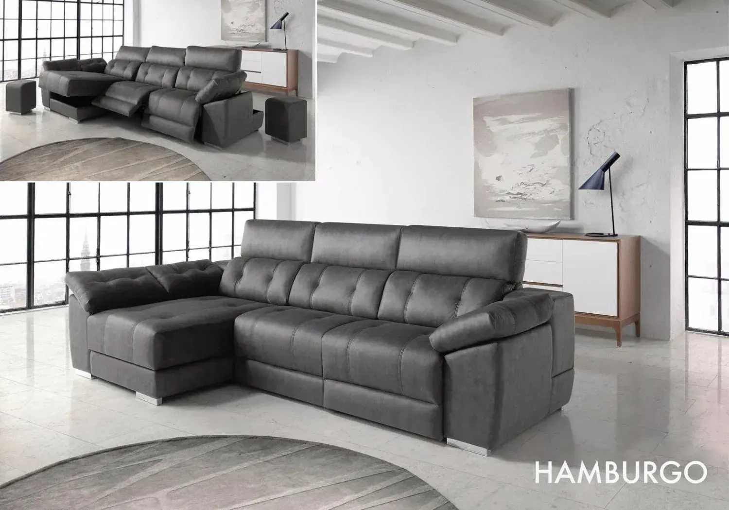 Un sofá modular de color gris carbón con reposacabezas ajustables, mostrado en un interior moderno y bien iluminado.