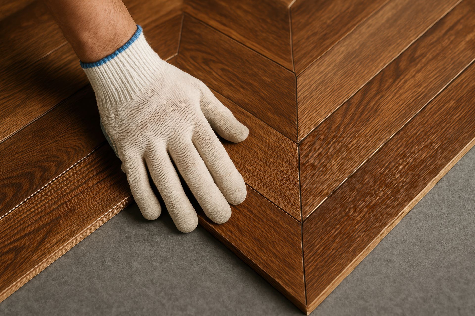 Personne portant un gant installant des carreaux imitation bois selon un motif à chevrons.