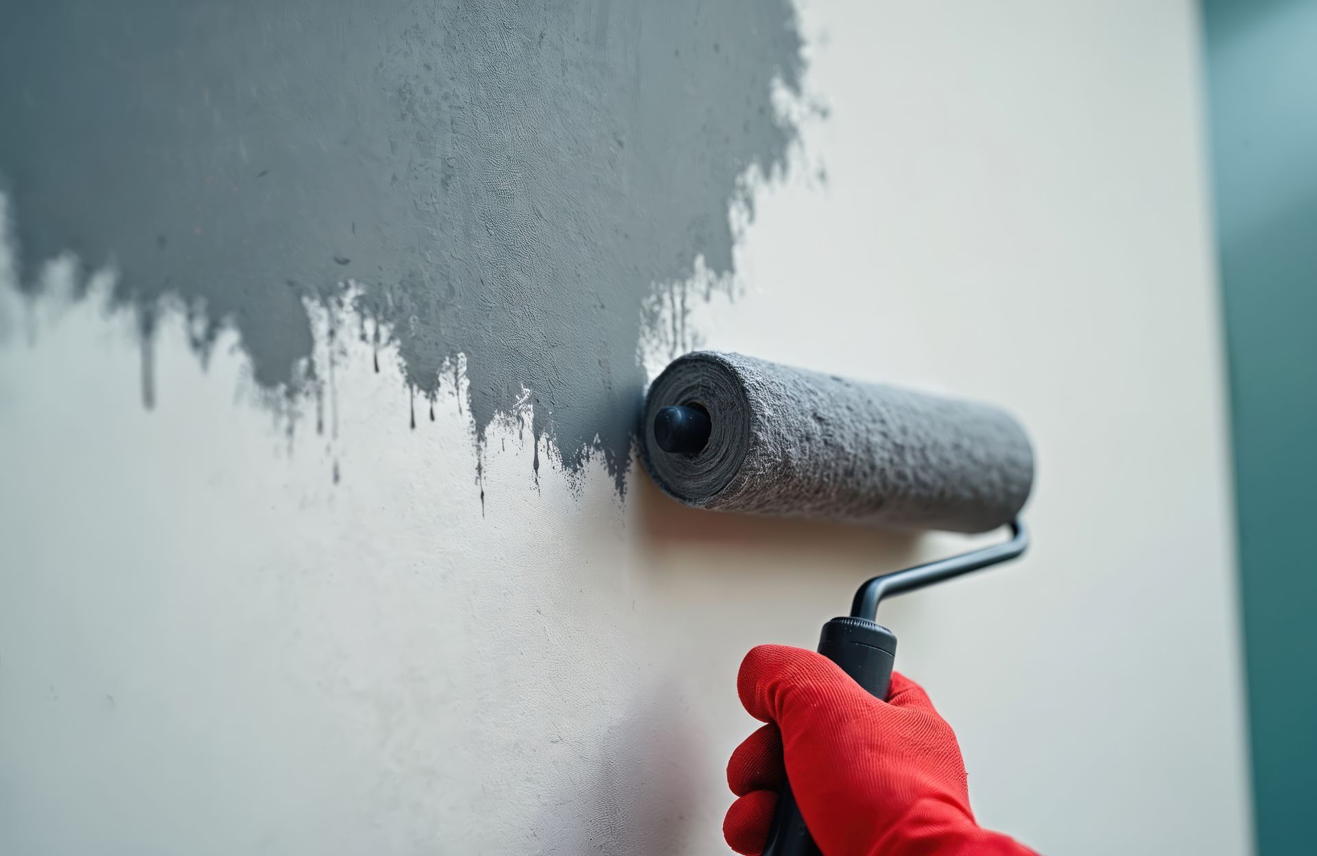 Main avec un gant rouge utilisant un rouleau à peinture pour appliquer de la peinture grise sur un mur blanc.