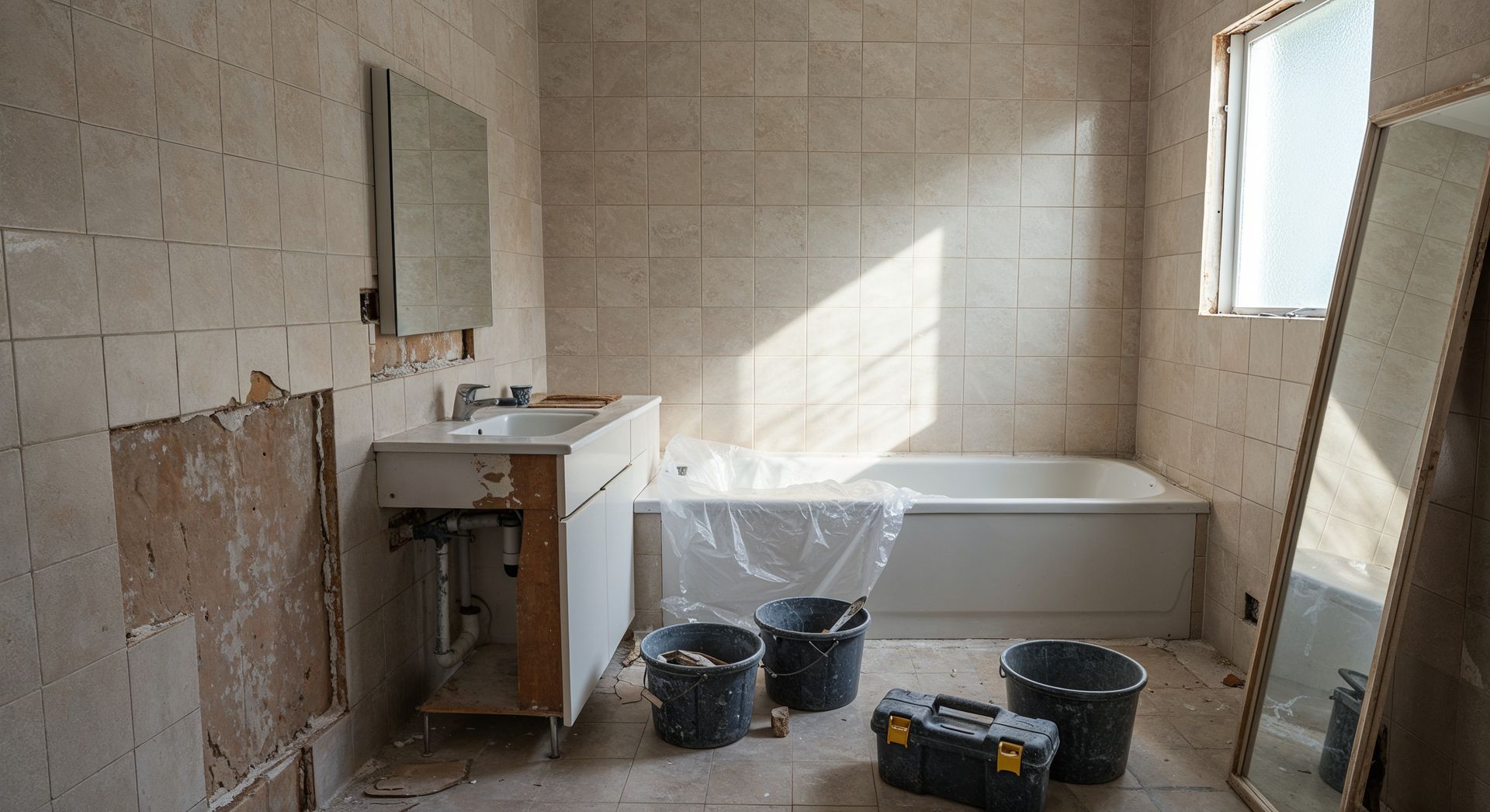 Salle de bains en rénovation, avec murs apparents, vanité, baignoire, seaux et outils.