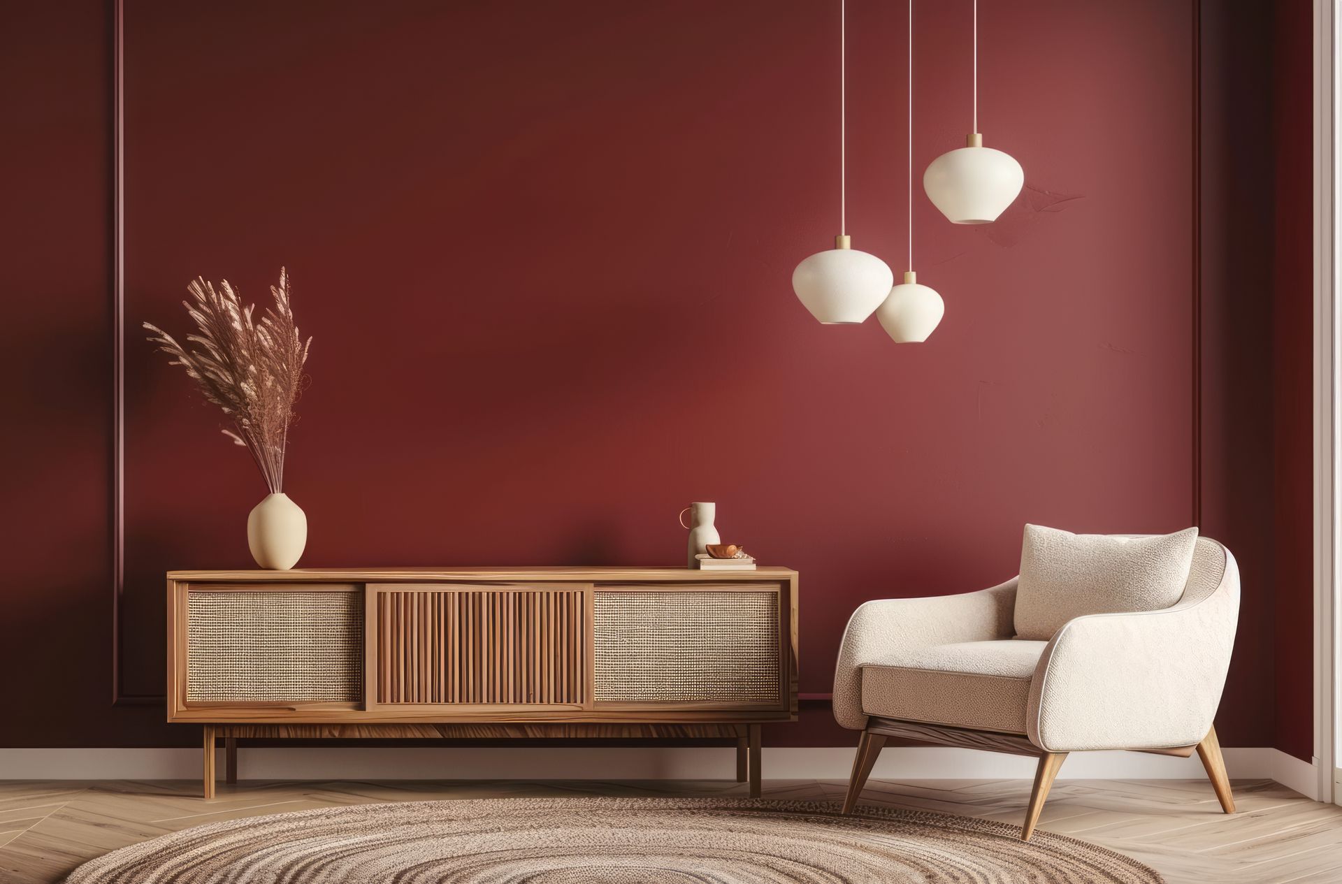 Un salon bordeaux comprend une armoire en bois, un fauteuil beige et des suspensions contre un mur rouge.