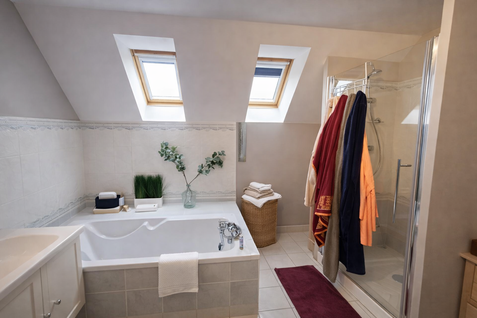 Salle de bains en rénovation, avec murs apparents, vanité, baignoire, seaux et outils.