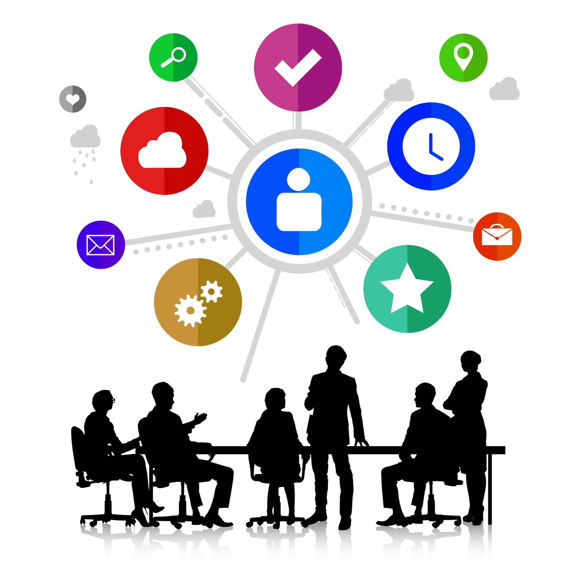 Personas silueteadas en una reunión debajo de un diagrama de iconos conectados que representan varias funciones.