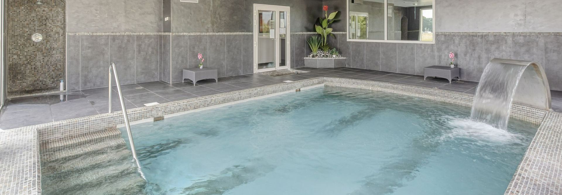 Piscine intérieure avec miroir et plantes