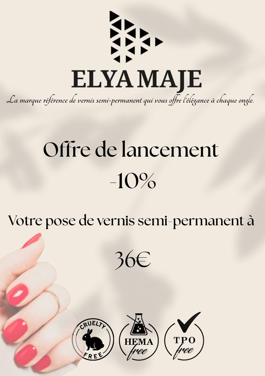Affiche promotionnelle d'Elya Maje proposant 10 % de réduction sur le vernis semi-permanent à 36 €. Inclut une main aux ongles rouges.