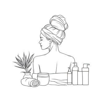 Illustration d'une femme en serviettes avec des produits de beauté