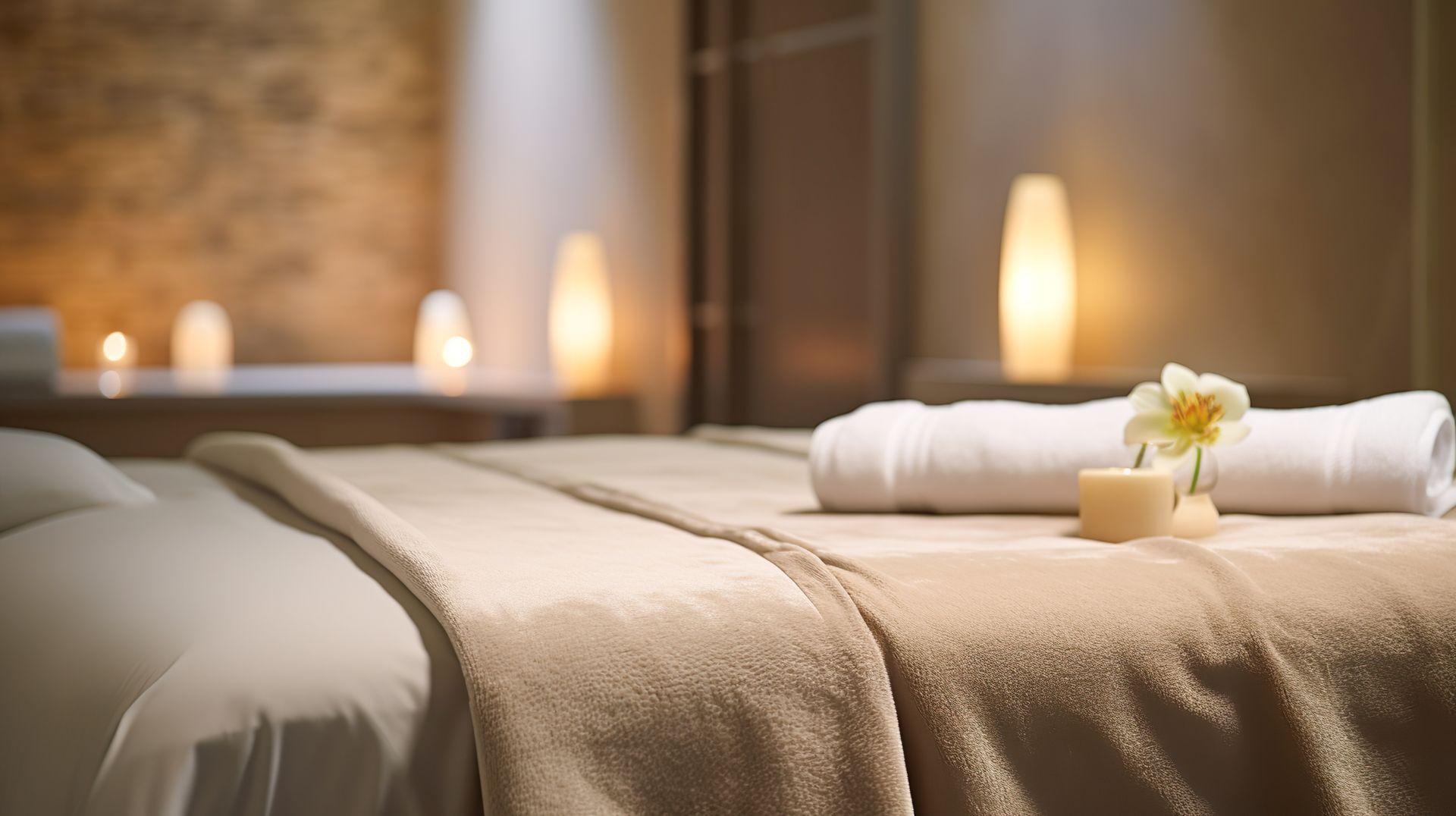 Table de massage avec une serviette beige, une autre blanche enroulée et des lumières tamisées dans le fond