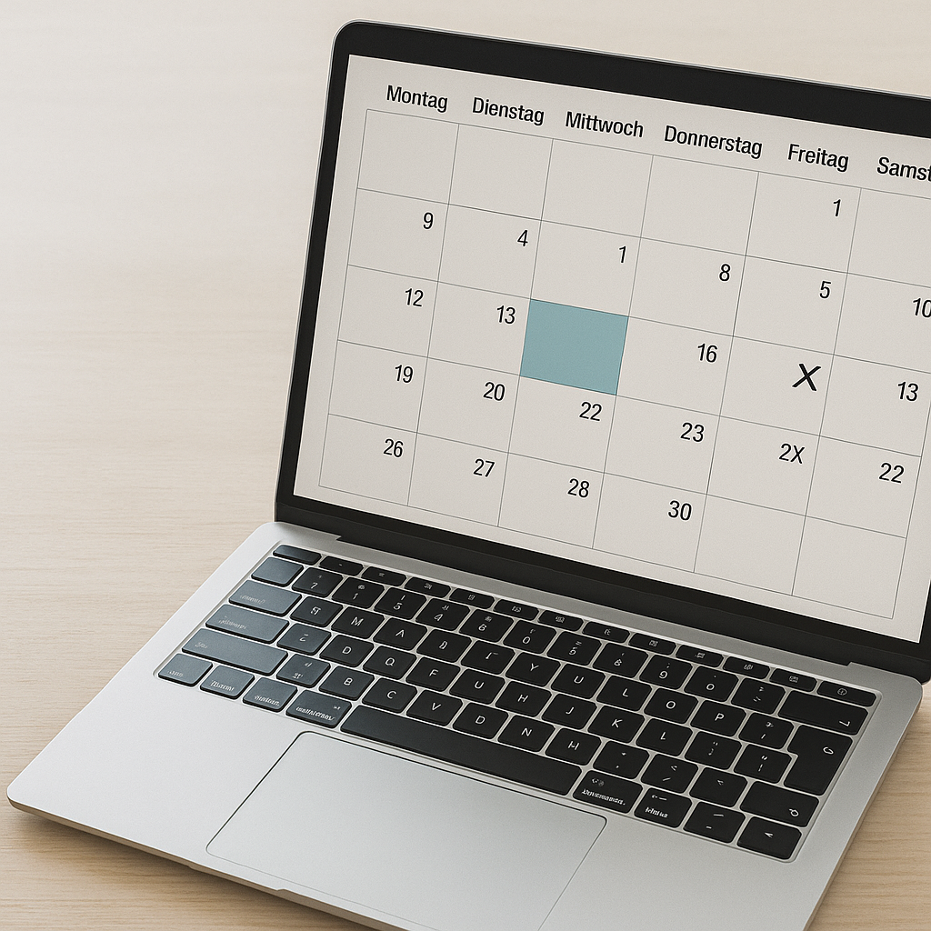 Laptop displaying a calendar, with the 12th highlighted and the 14th marked with an