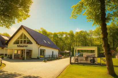 Weißes Gebäude mit dreieckigem Dach und Bäumen in sonniger Freiluftlage.