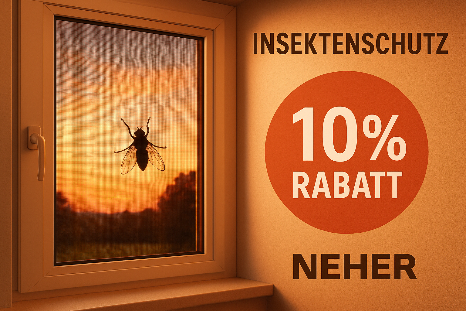 Fenster mit Fliegengitter gegen Sonnenuntergang,10 % Rabatt auf Insektenschutz