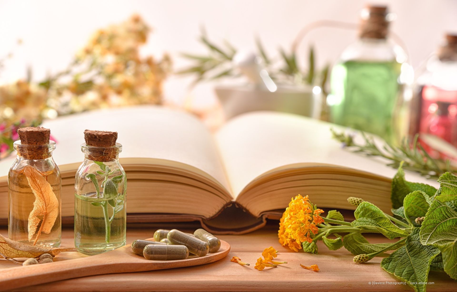 Flaschen mit Kräuterheilmitteln, ein offenes Buch, Mörser und Stößel sowie frische Kräuter auf einem Holztisch angeordnet.