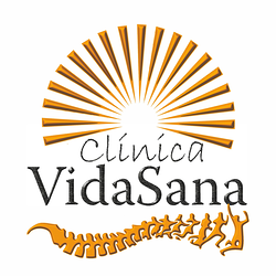 Un logotipo para la clínica Vidasana con un sol y una columna vertebral.