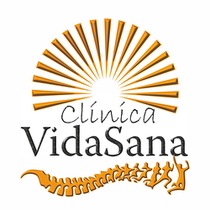 Un logotipo para la clínica Vidasana con un sol y una columna vertebral.