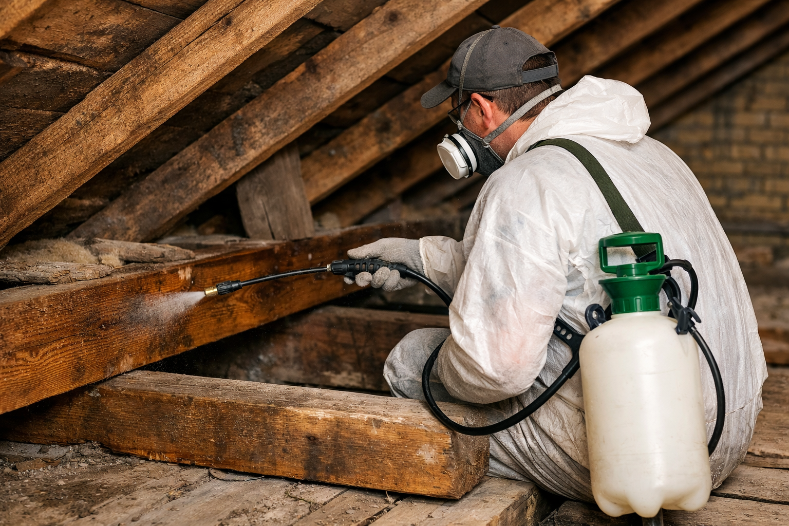 Un ouvrier en combinaison de protection blanche pulvérise un pesticide à l'aide d'un réservoir vert sur des poutres en bois à l'intérieur d'un grenier.