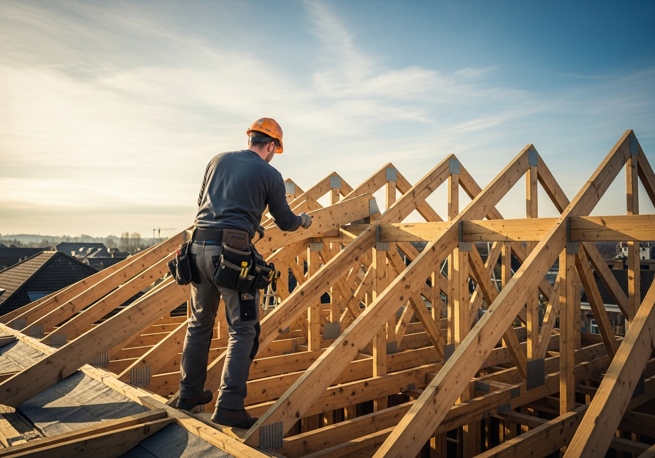 Ouvrier du bâtiment sur le toit d'une maison, charpentant une ferme en bois au lever du soleil