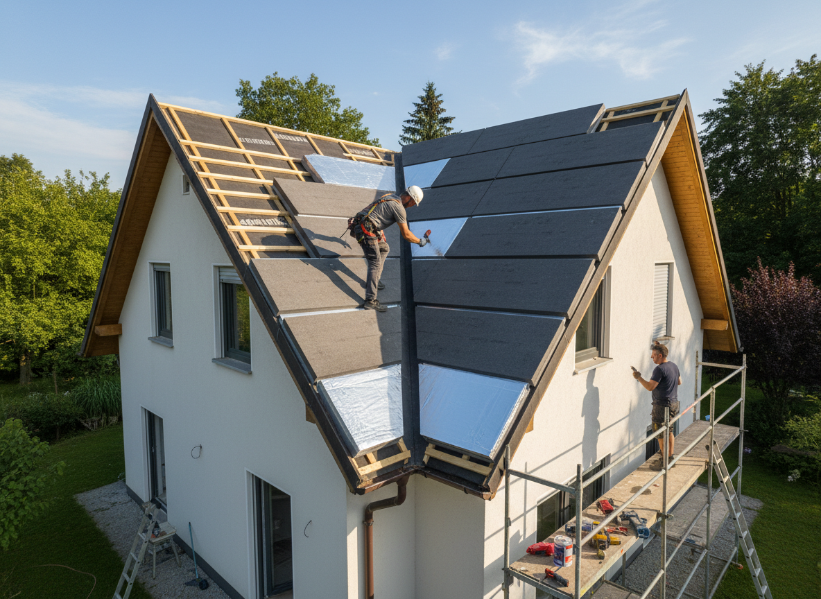 Des ouvriers installent des panneaux solaires sur le toit d'une maison blanche depuis un échafaudage