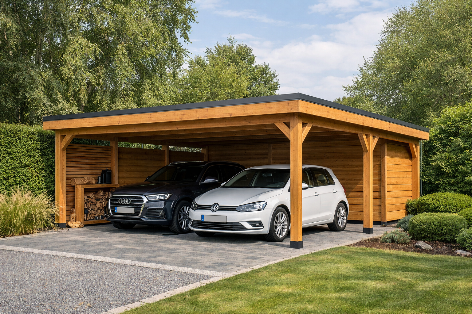 Abri voiture en bois avec deux voitures garées, situé à côté d'une allée paysagée et d'arbres.