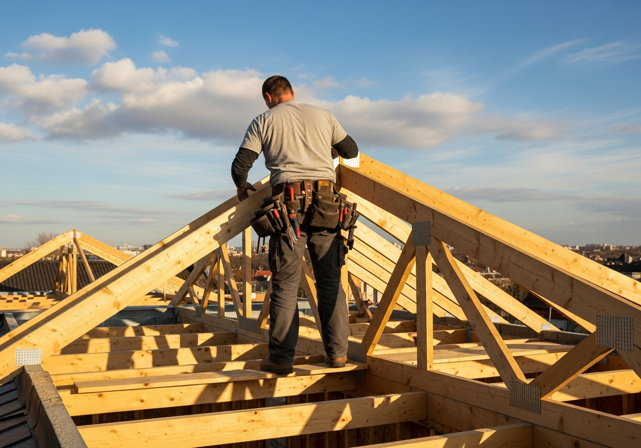 Ouvrier debout sur une charpente de toit en bois sur un chantier de construction sous un ciel dégagé