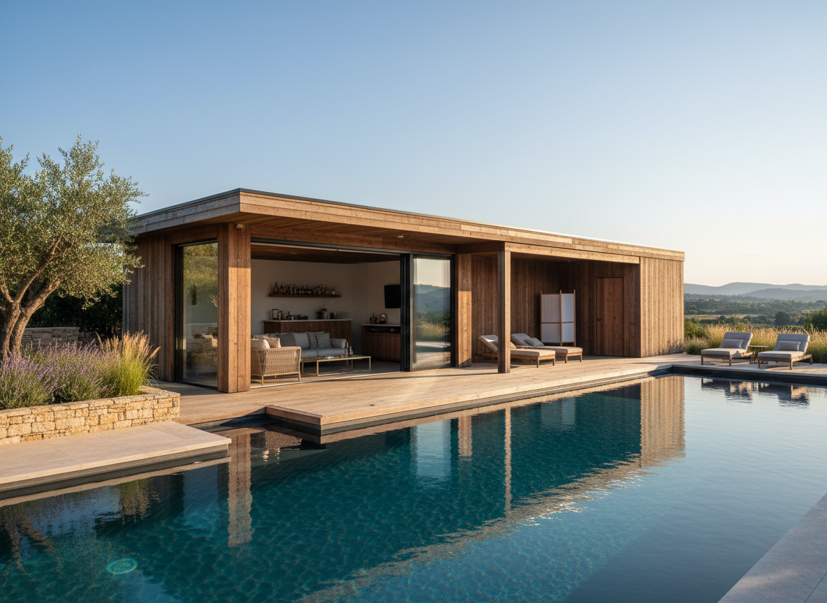 Villa moderne au bord de la piscine avec patio ouvert, chaises longues et paysage désertique au coucher du soleil