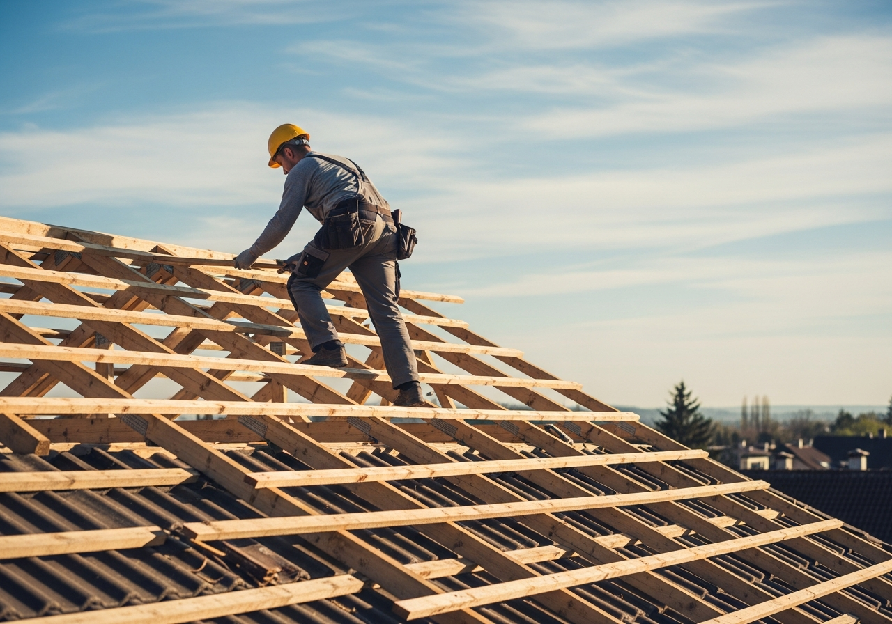 Ouvrier en tenue de sécurité escaladant une charpente de toit en bois sur un chantier de construction sous un ciel bleu