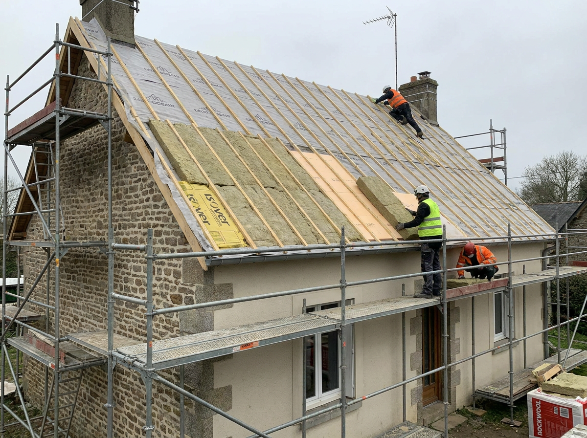 Des ouvriers installent l'isolation de la toiture d'une maison en rénovation, avec des échafaudages et des panneaux de toiture apparents.