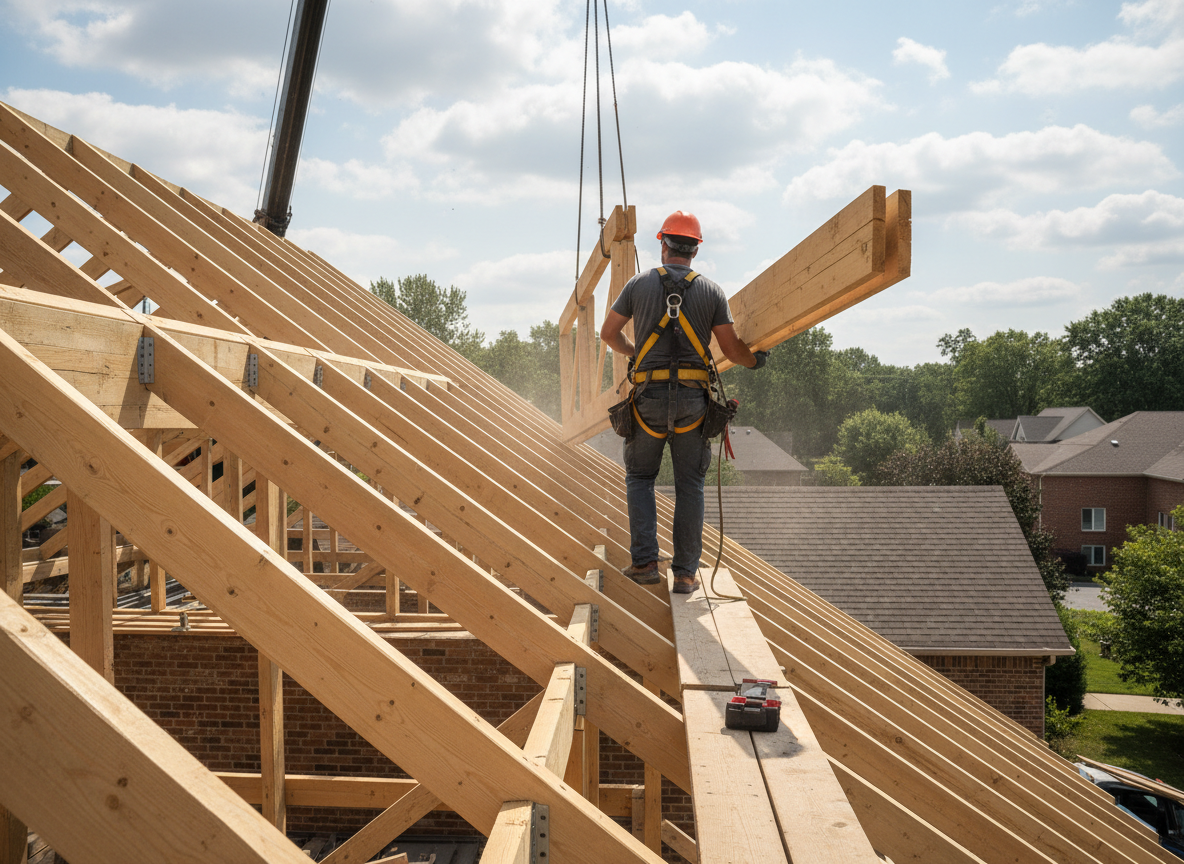 Ouvrier du bâtiment transportant du bois sur une charpente de toit sur un chantier de construction résidentielle