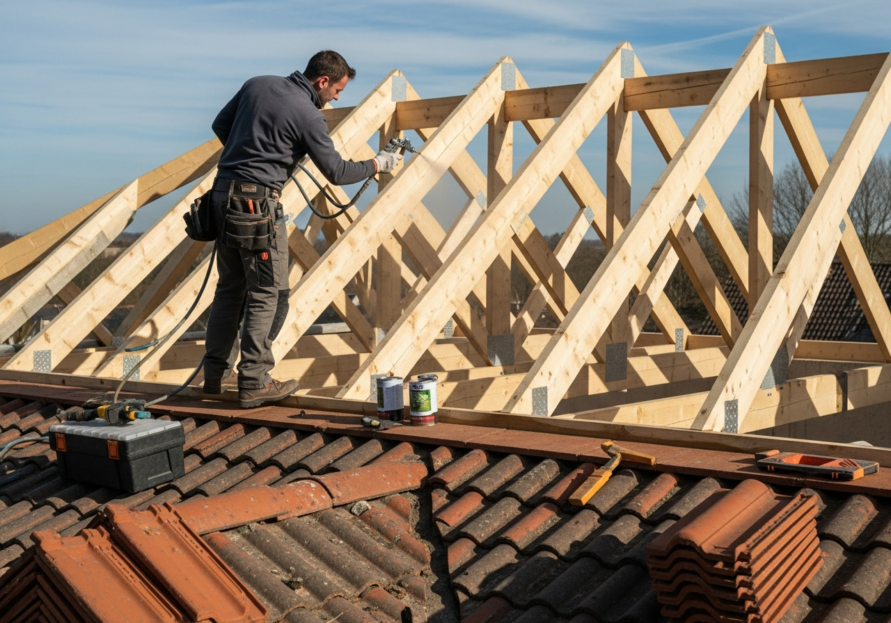 Un ouvrier construit une charpente de toit en bois sur un toit de tuiles sous un ciel dégagé.