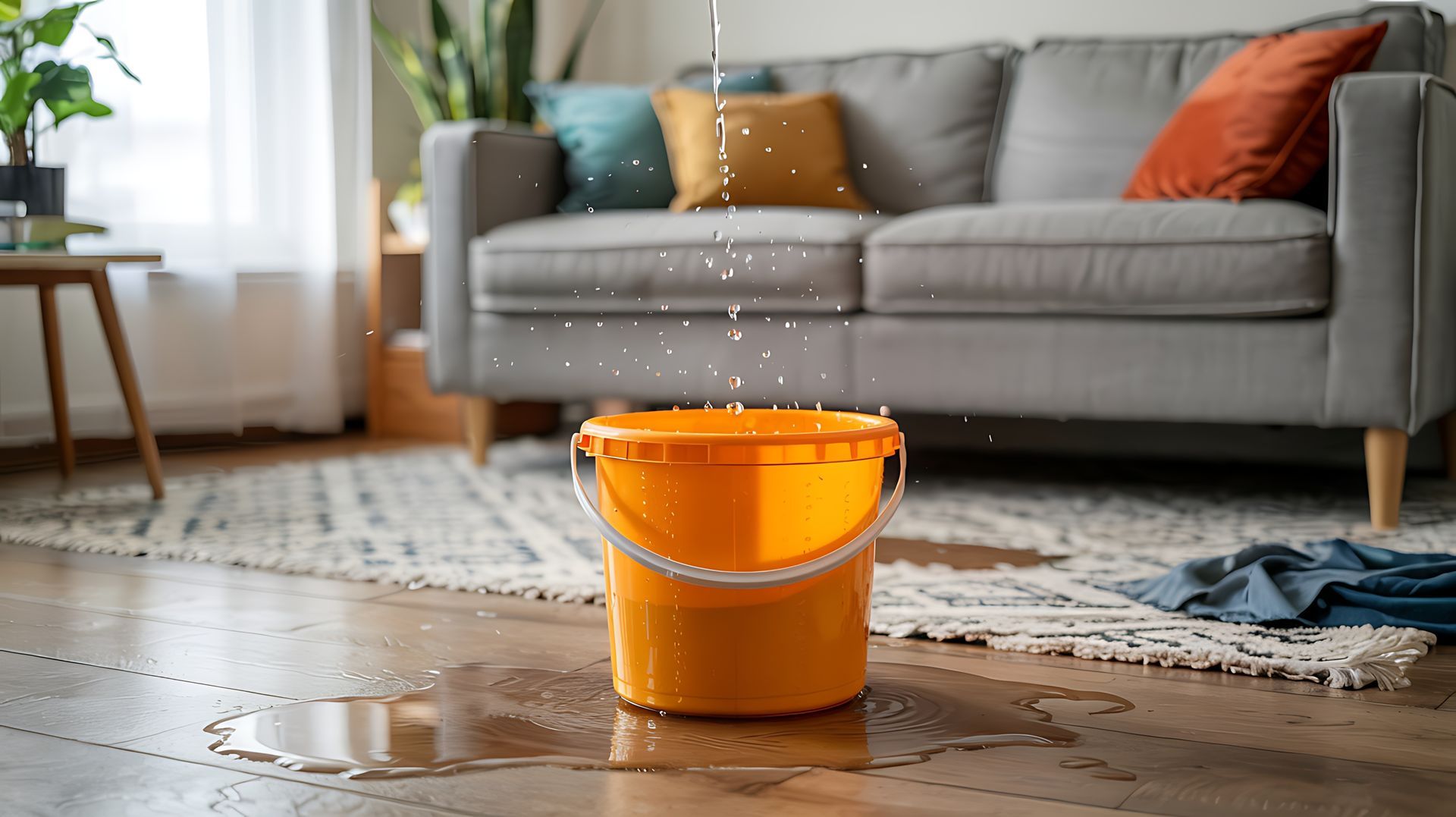 Un seau orange recueille une fuite sur le parquet d'un salon avec un canapé et un tapis gris.