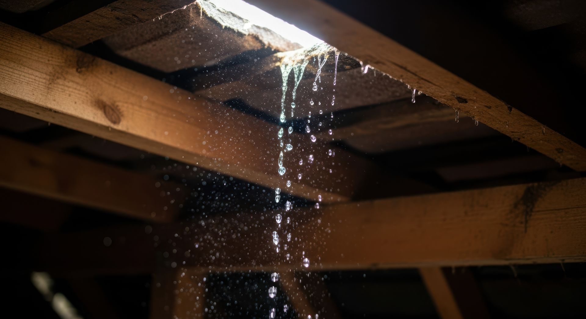 De l'eau qui goutte des poutres en bois dans un grenier sombre ou un vide sanitaire.