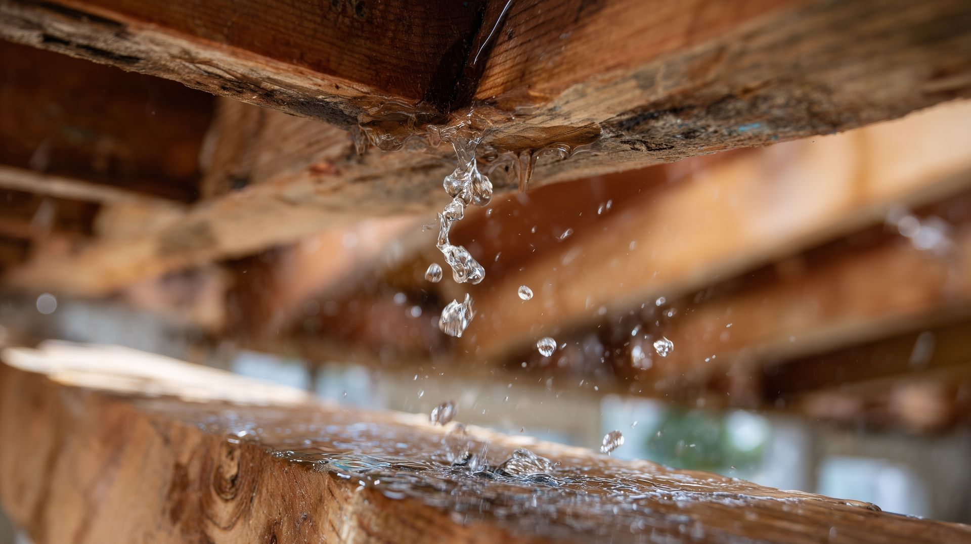 De l'eau ruisselle des poutres en bois, des gouttelettes tombant dans une zone de plafond rustique et abîmée.