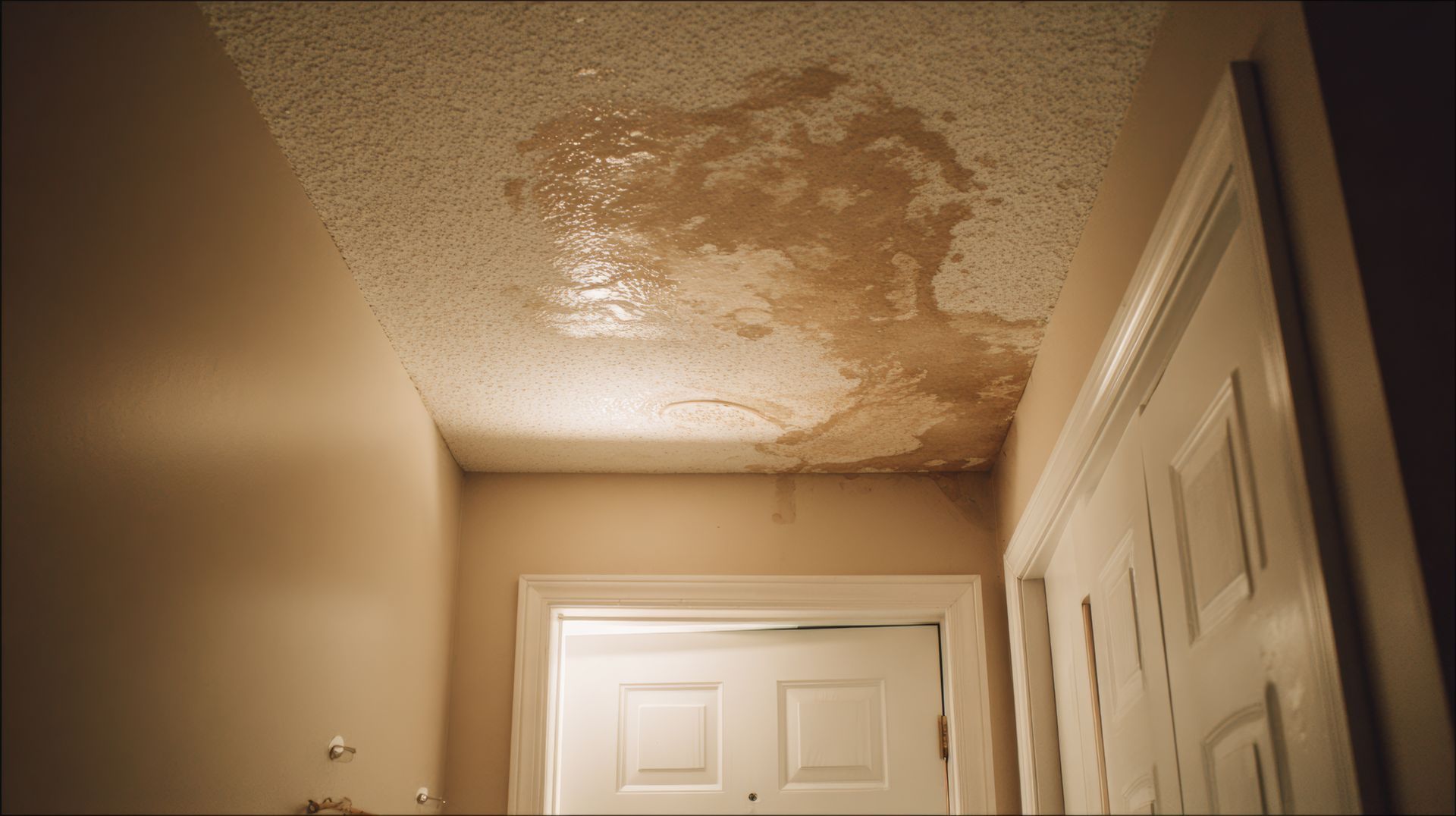 Plafond du couloir endommagé par l'eau avec des taches qui s'écaillent au-dessus des portes blanches