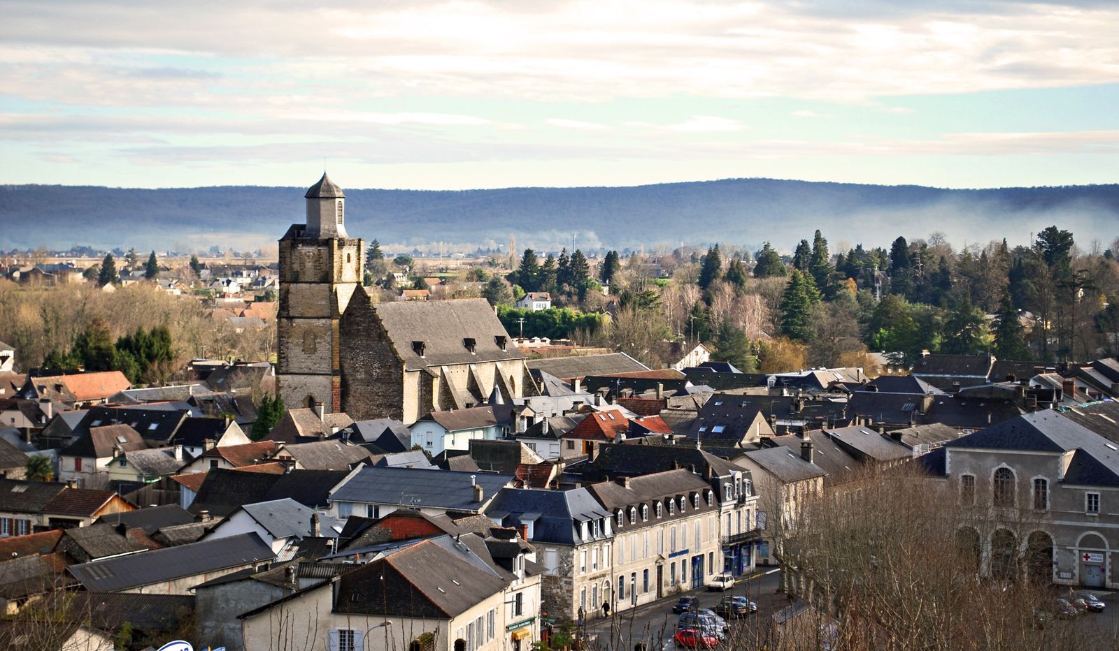 Toits de ville historiques avec un grand clocher en pierre sous un ciel lumineux et des collines au loin.