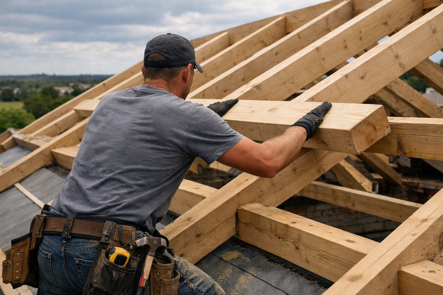 Ouvrier fixant les poutres de charpente en bois d'une maison en construction