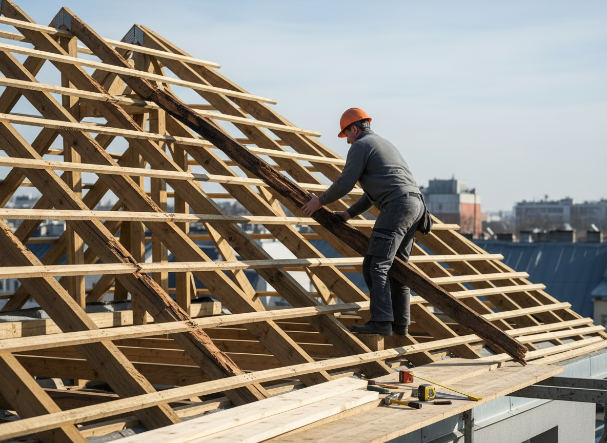Ouvrier du bâtiment installant des chevrons en bois sur une charpente de toit sur un chantier.