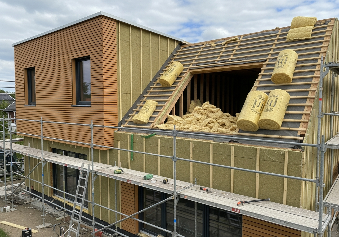 Toiture en construction avec isolation jaune sur une maison entourée d'échafaudages