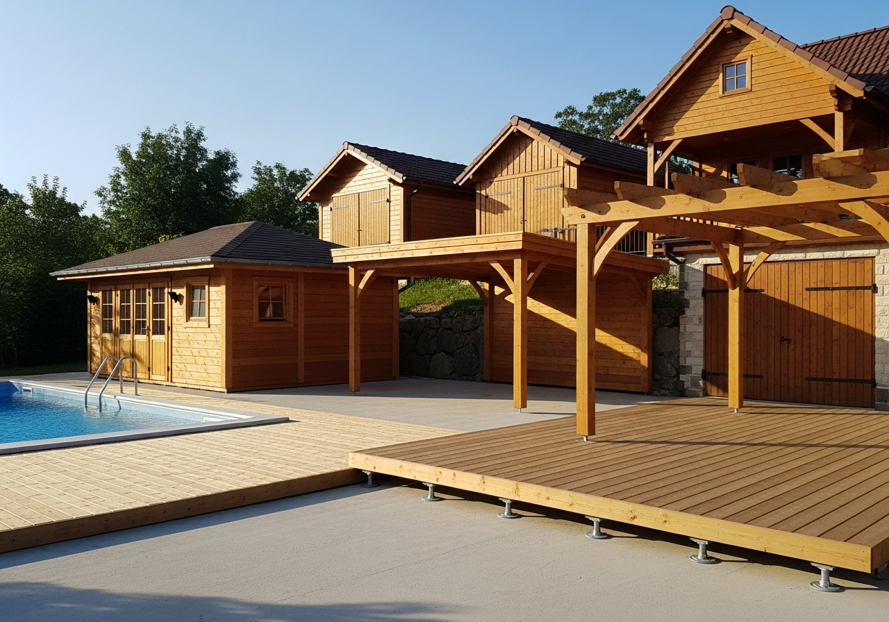 Chalet en bois au bord d'un lac avec piscine et terrasse sous un ciel dégagé