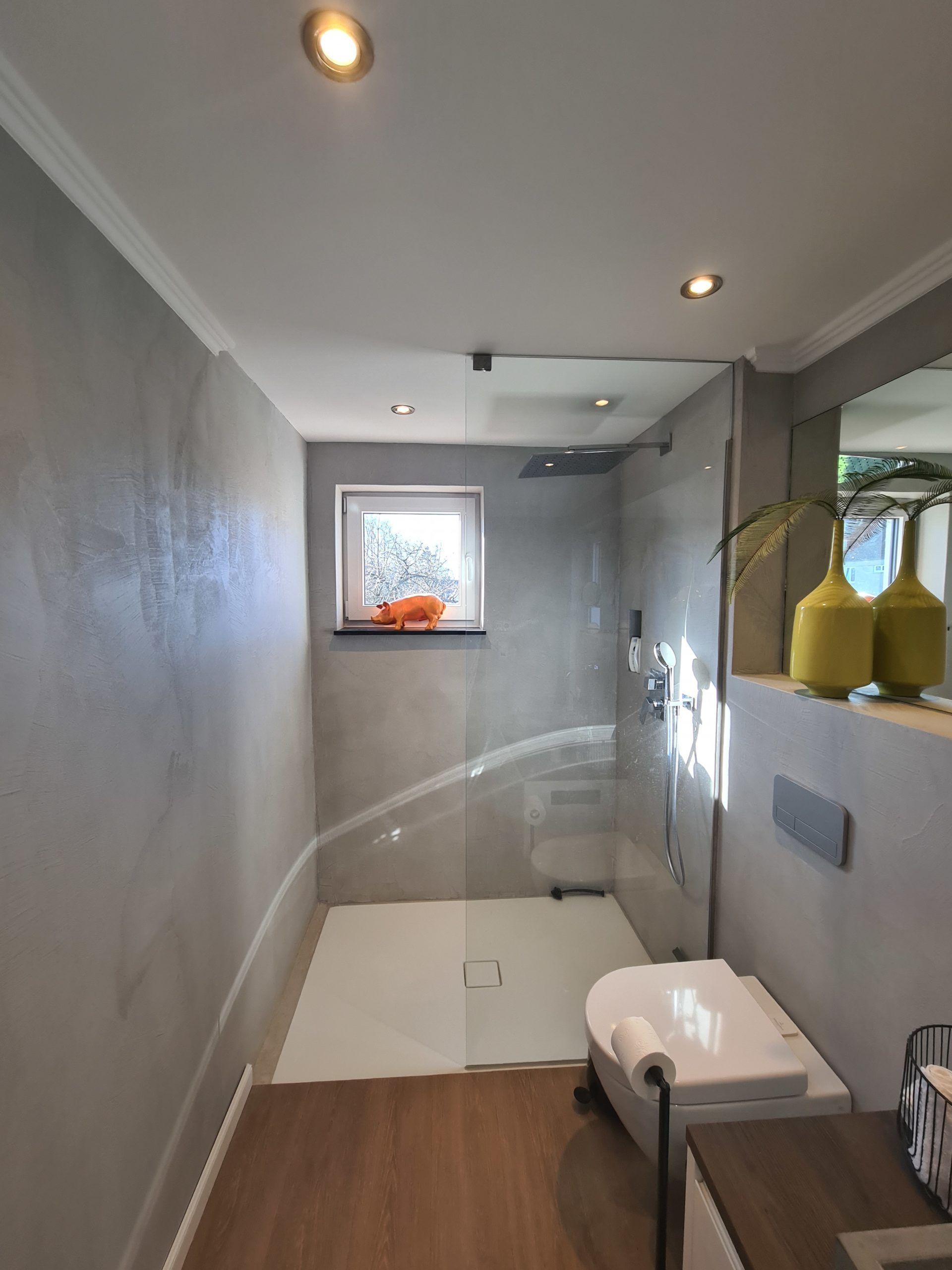 ein Badezimmer in Rostock mit einer Dusche und einer Toilette. Malerarbeiten, Maler