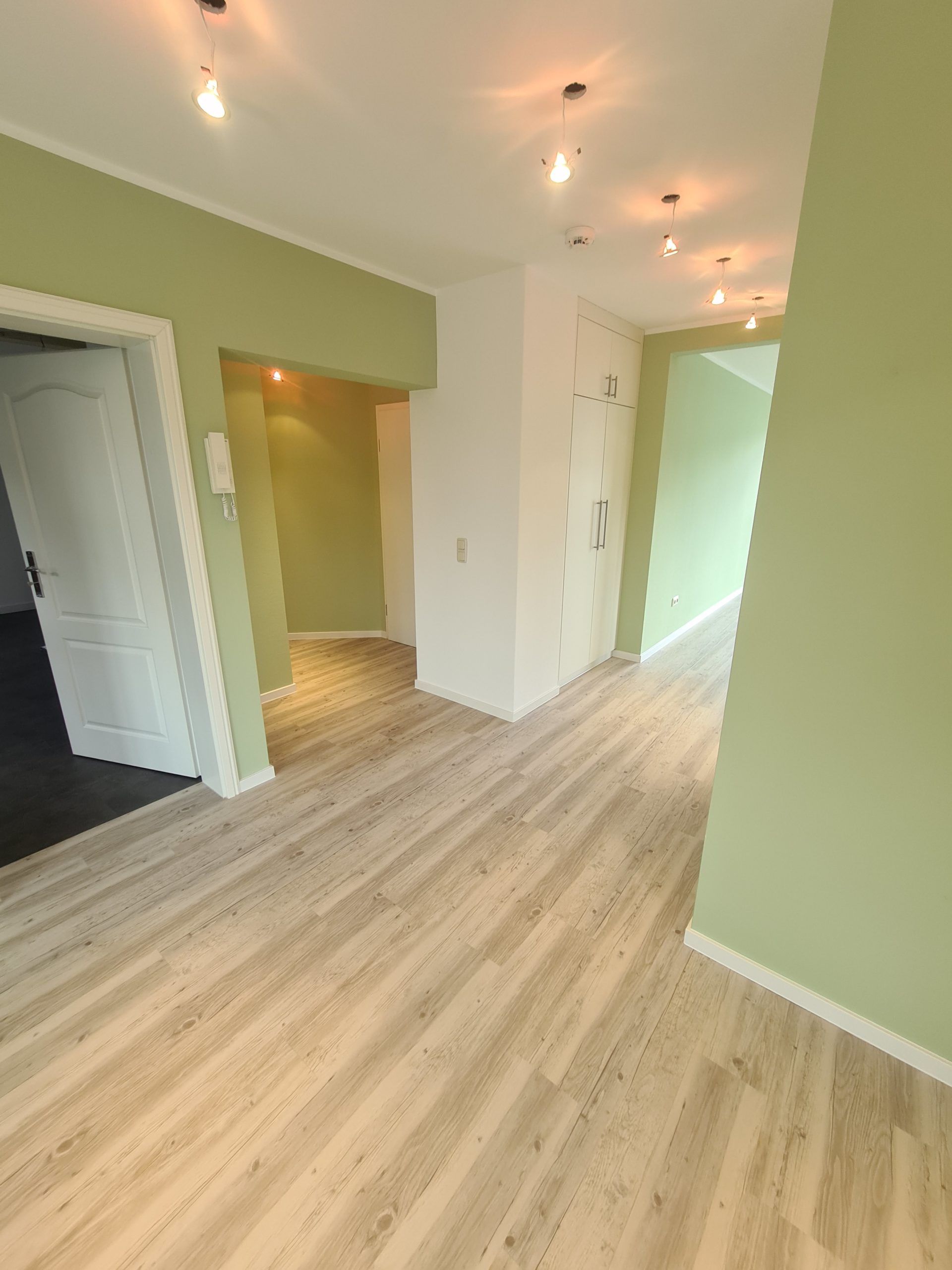 ein leerer Flur mit Holzboden und grünen Wänden . Malerarbeiten in Rostock