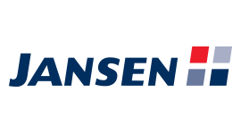 ein blaues und rotes jansen-Logo auf weißem Hintergrund