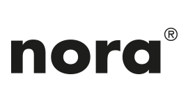 ein schwarz-weißes nora-Logo auf weißem Hintergrund .
