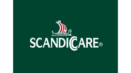 das logo für scandicare zeigt ein wikingerschiff auf einem grünen hintergrund .