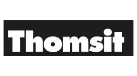 ein schwarz-weißes Logo für thomsit auf weißem Hintergrund .