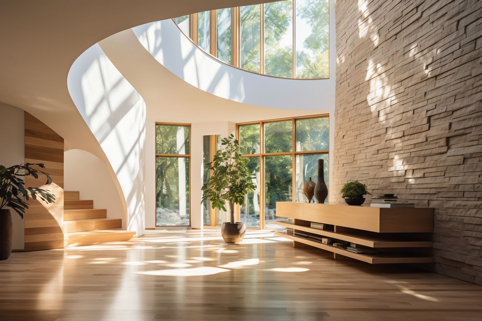 Vestíbulo luminoso y moderno con escalera curva, grandes ventanales, pared de piedra y luz solar cálida 