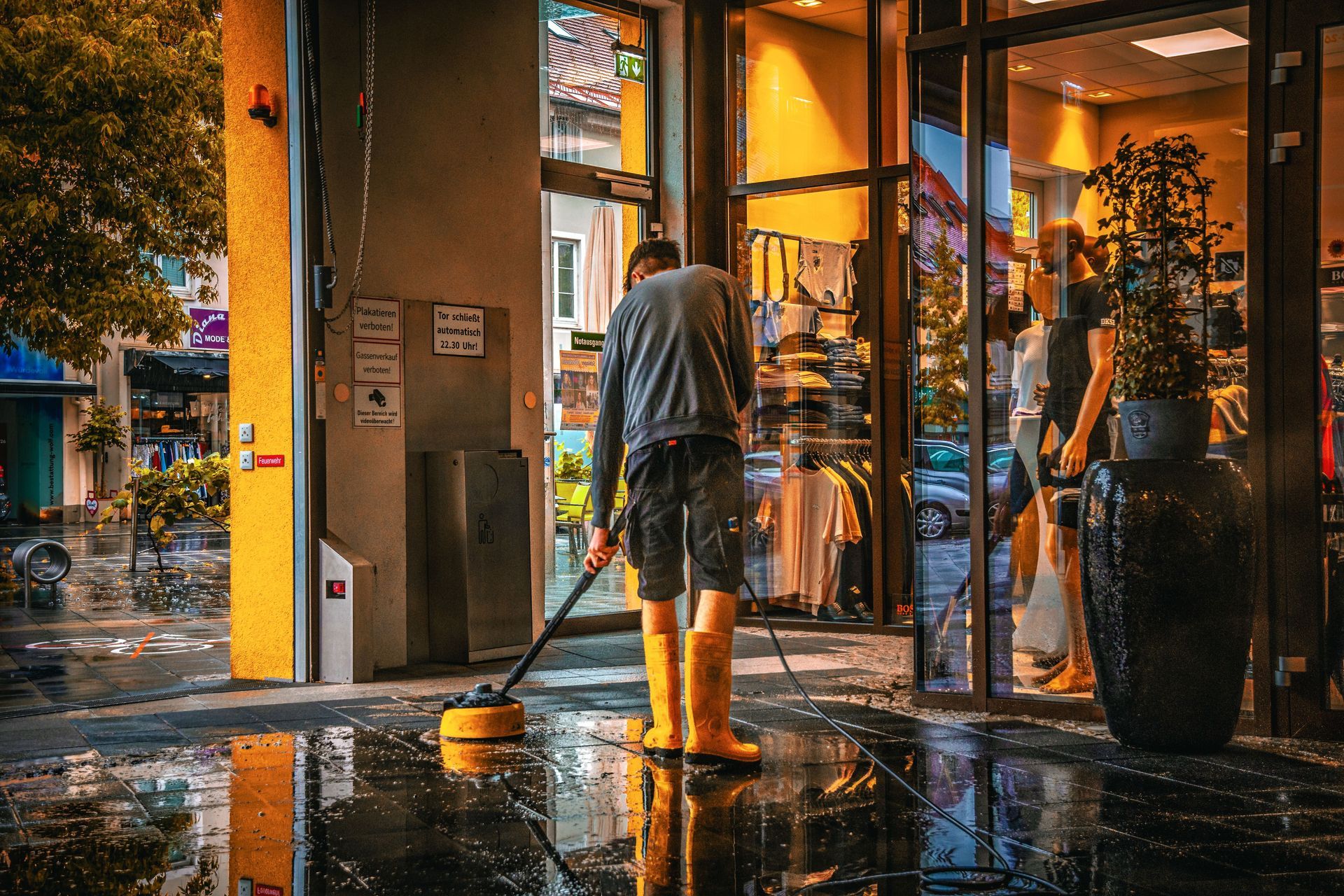Una persona lava la fachada de una tienda por la noche, con luces brillantes y reflejos en el pavimento mojado.