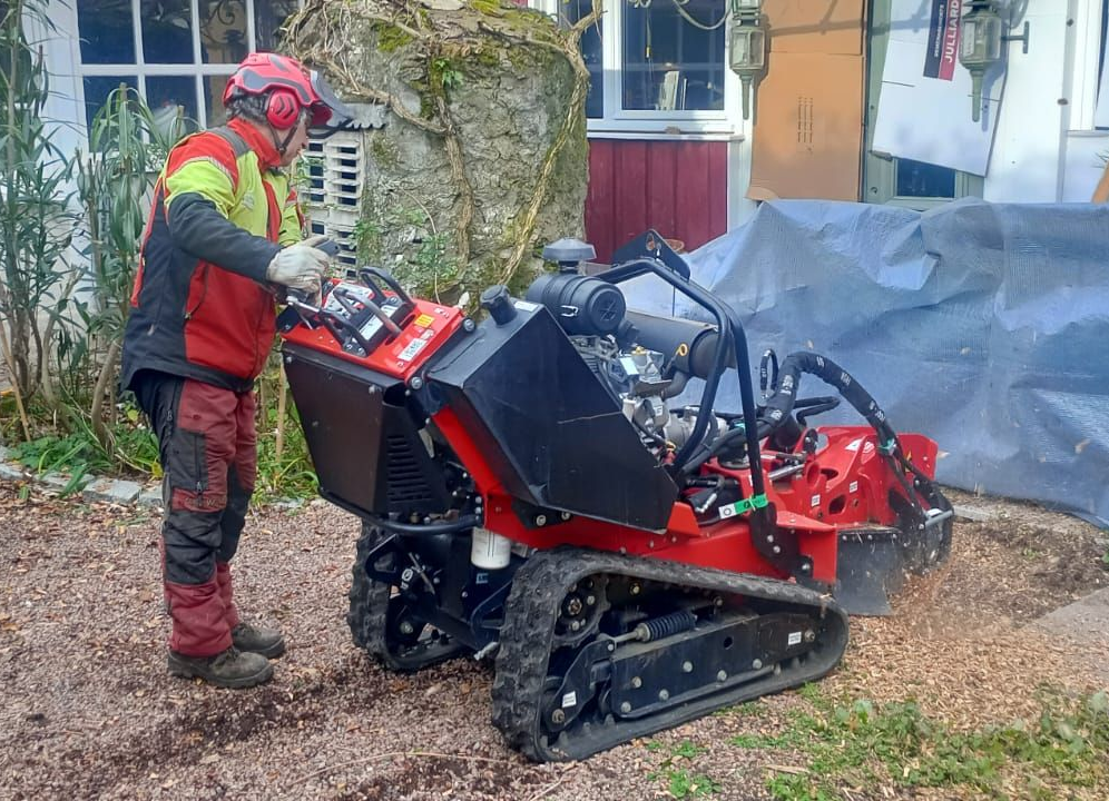 Une personne utilise une débroussailleuse à chenilles rouges à l'extérieur, près d'une maison et d'un arbre.