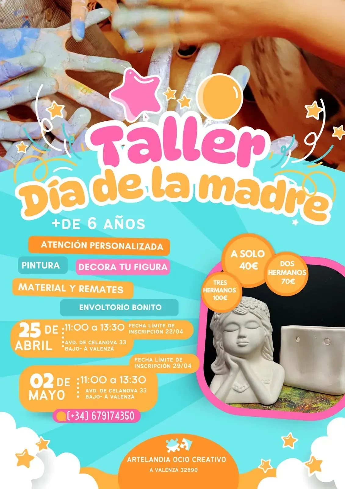 Cartel colorido del Taller Día de la Madre, con fechas, horarios y fotos de cerámica en tonos rosa y turquesa.