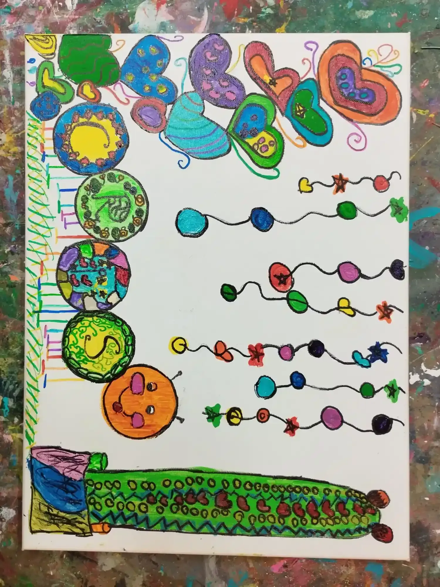 Dibujo abstracto y colorido con círculos y garabatos sobre un fondo blanco.