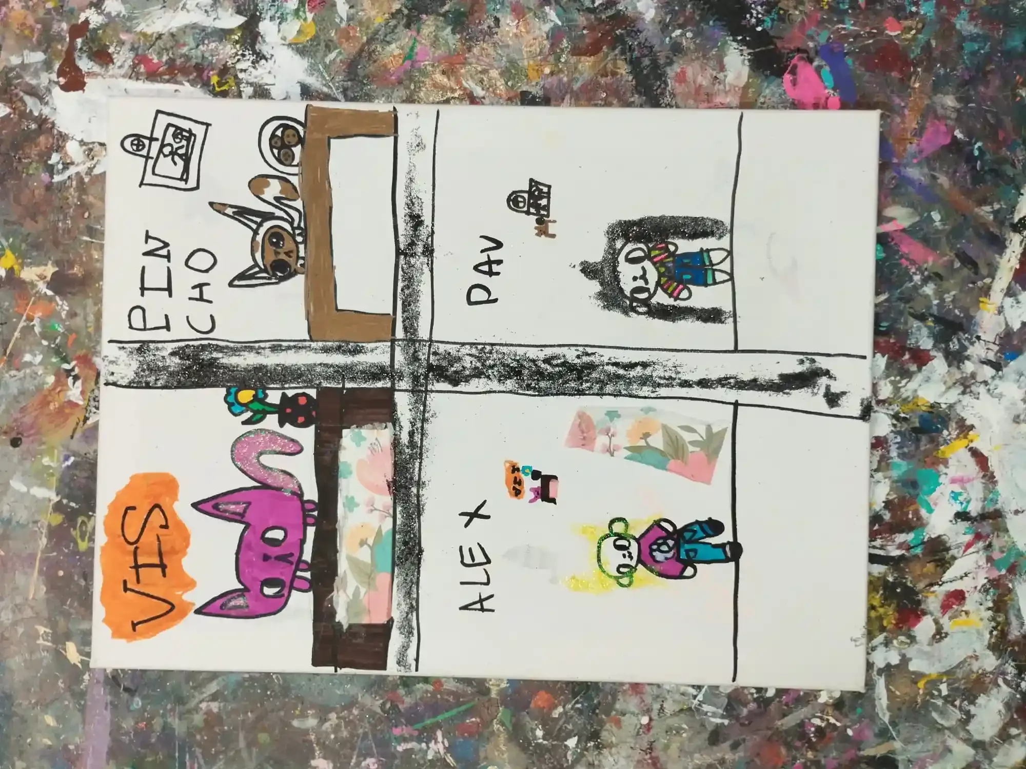 Viñetas de cómic hechas a mano sobre papel blanco con personajes de dibujos
